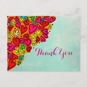 Hand Drawn Doodle Heart and Flowers Thank You Postcard