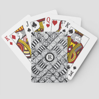 Hand-Drawn Doodle in Black and White with Monogram Playing Cards