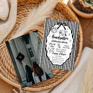 Hand drawn  Doodle Minimalist Stripe Graduation  Invitation