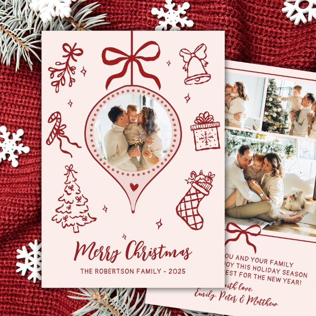 Hand-Drawn Doodle Pink Red Photo Merry Christmas Holiday Card (Creator Uploaded)