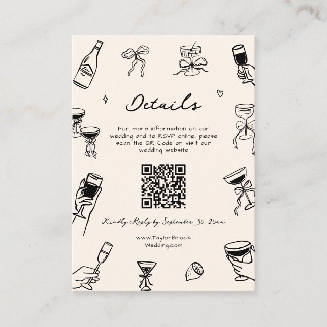 Hand Drawn Doodle Quirky Wedding Details Qr Code Enclosure Card (Front)