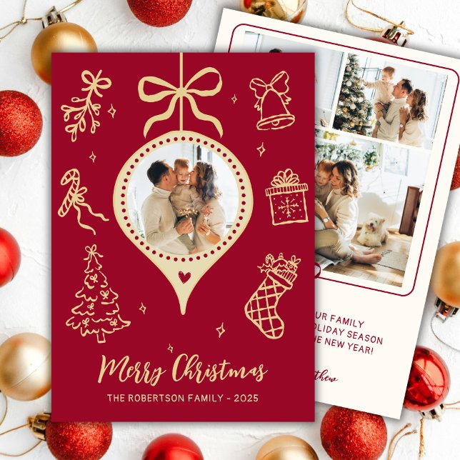 Hand-Drawn Doodle Red Gold Photo Merry Christmas Holiday Card (Creator Uploaded)