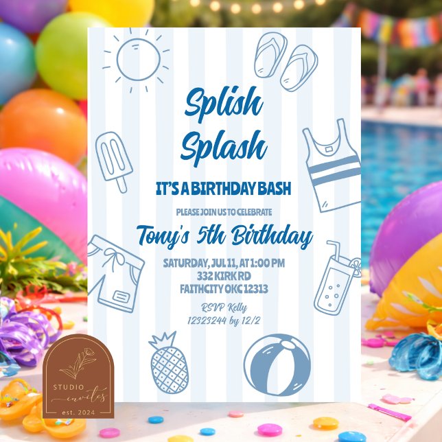 Hand Drawn Doodle Splish Splash Pool party Invitation (Creator Uploaded)