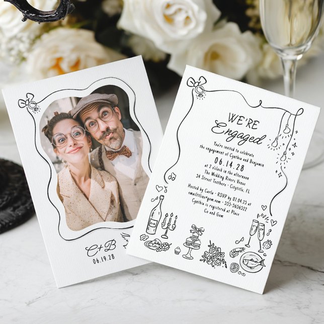 Hand Drawn Doodle Whimsical Engagement Party Photo Invitation (Whimsical Funky Hand-drawn Engagement Party Photo Invitation)