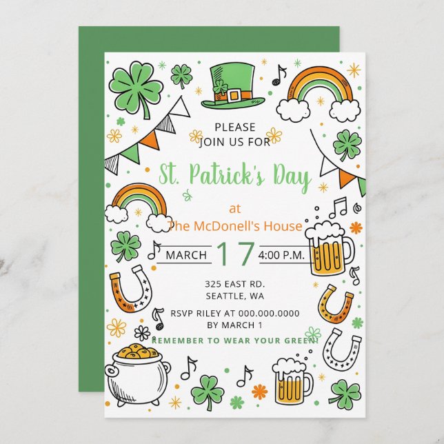 Hand Drawn Doodle Whimsical St Patricks Day  Invitation (Front/Back)