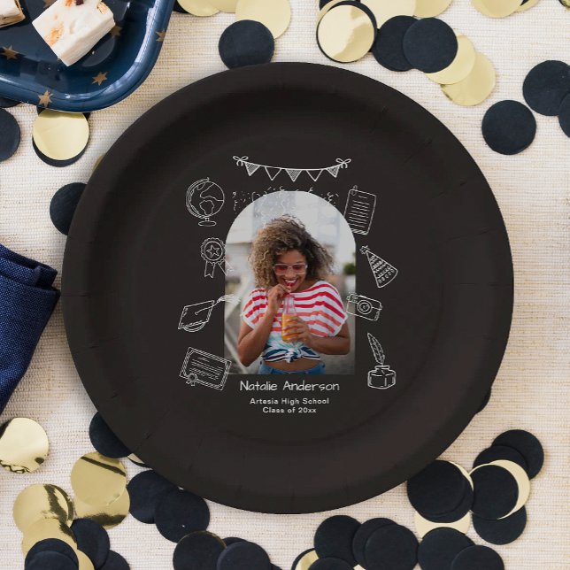 Hand Drawn Doodles Black Arch Photo Graduate Party Paper Plate (Creator Uploaded)