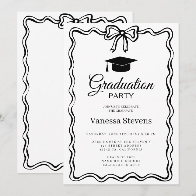 Hand Drawn Doodles Classic Graduation Cap Party  Invitation (Front/Back)