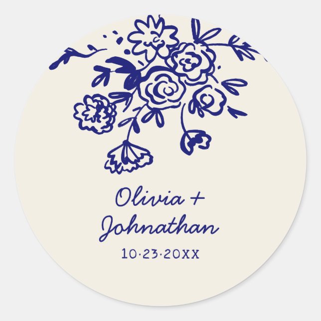 Hand Drawn Doodles Floral Wedding Classic Round Sticker (Front)