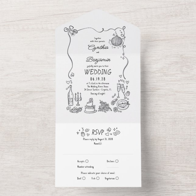 Hand Drawn Doodles Funky Quirky Modern Wedding All In One Invitation (Inside)