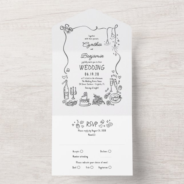 Hand Drawn Doodles Funky Quirky Modern Wedding All In One Invitation (Inside)