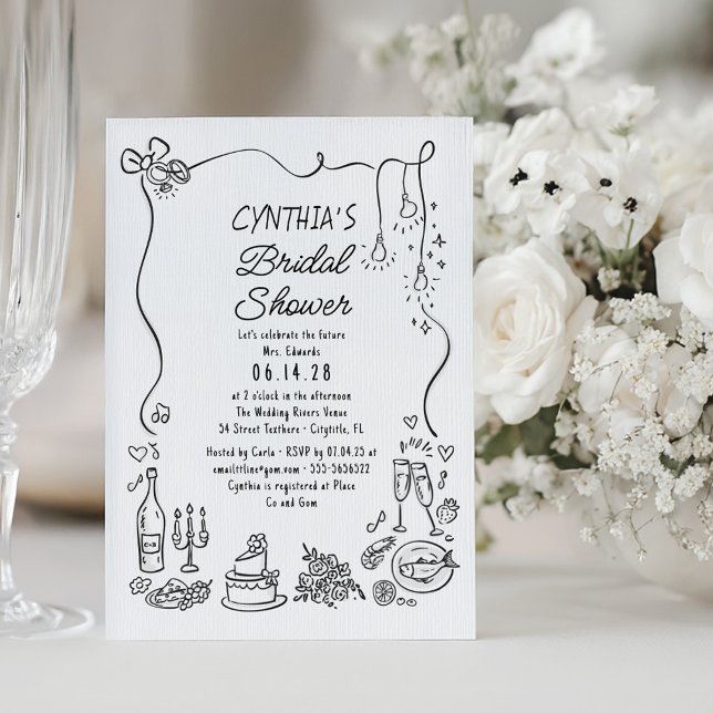 Hand Drawn Doodles Funky Whimsical Bridal Shower Invitation (Whimsical Funky Drawings Bridal Shower Invitation)