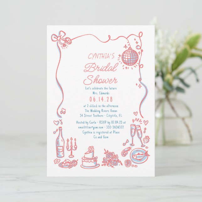 Hand Drawn Doodles Funky Whimsical Bridal Shower Invitation (Standing Front)