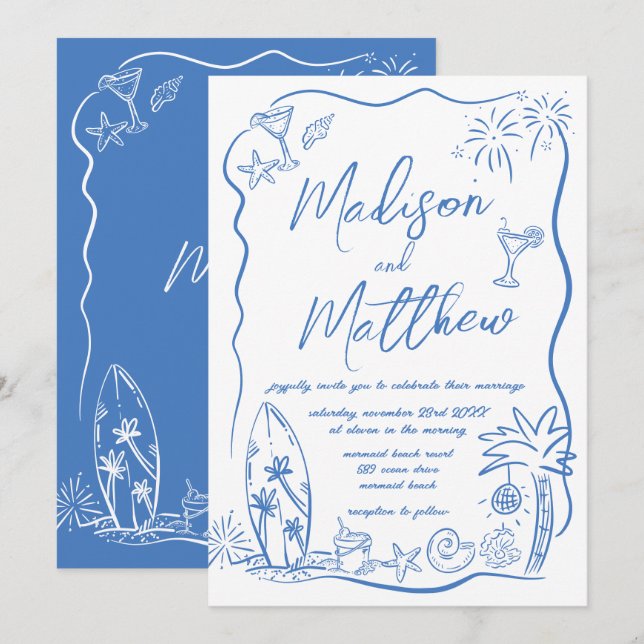 Hand Drawn Doodles Illustrations Beach Wedding Invitation (Front/Back)
