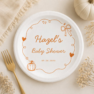 Hand Drawn Doodles Orange Pumpkin Fall Baby Shower Paper Plate