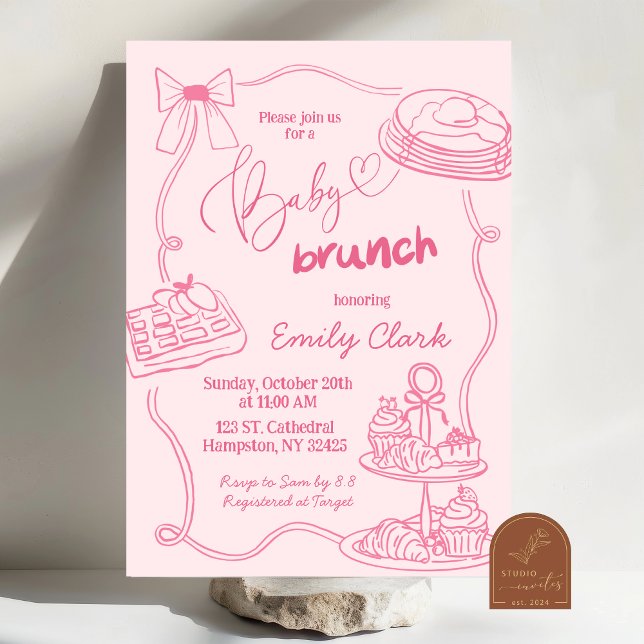 Hand Drawn Doodles Pink Baby Brunch Invitation (Creator Uploaded)