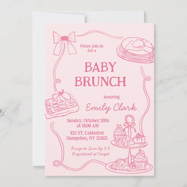 Hand Drawn Doodles Pink Baby Brunch Invitation (Front)