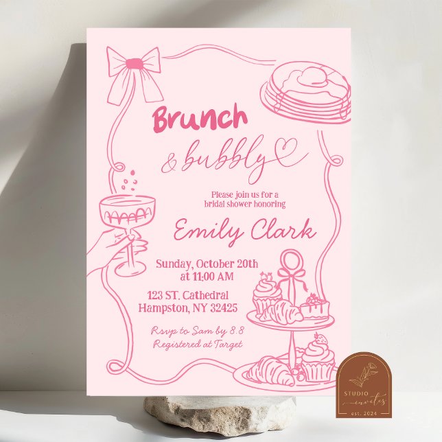 Hand Drawn Doodles Pink Brunch and Bubbly Invitation (Creator Uploaded)
