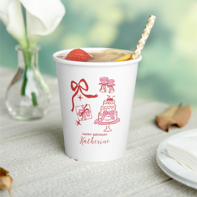 Hand Drawn Doodles Red Pink Cake Birthday Party Paper Cups (Insitu)