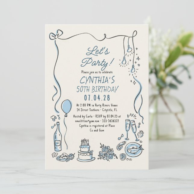 Hand Drawn Doodles Whimsical Quirky Adult Birthday Invitation (Standing Front)