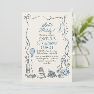 Hand Drawn Doodles Whimsical Quirky Adult Birthday Invitation