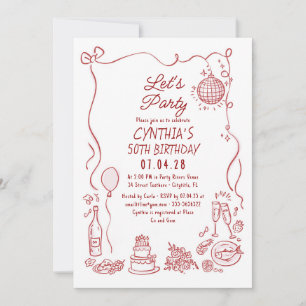 Hand Drawn Doodles Whimsical Quirky Adult Birthday Invitation