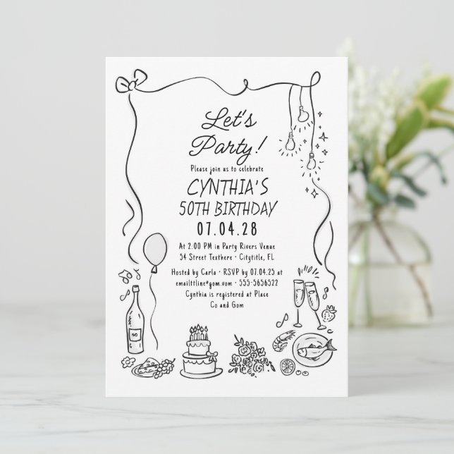 Hand Drawn Doodles Whimsical Quirky Adult Birthday Invitation (Standing Front)