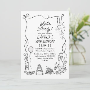 Hand Drawn Doodles Whimsical Quirky Adult Birthday Invitation