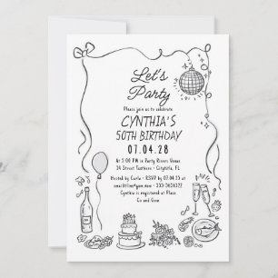 Hand Drawn Doodles Whimsical Quirky Adult Birthday Invitation