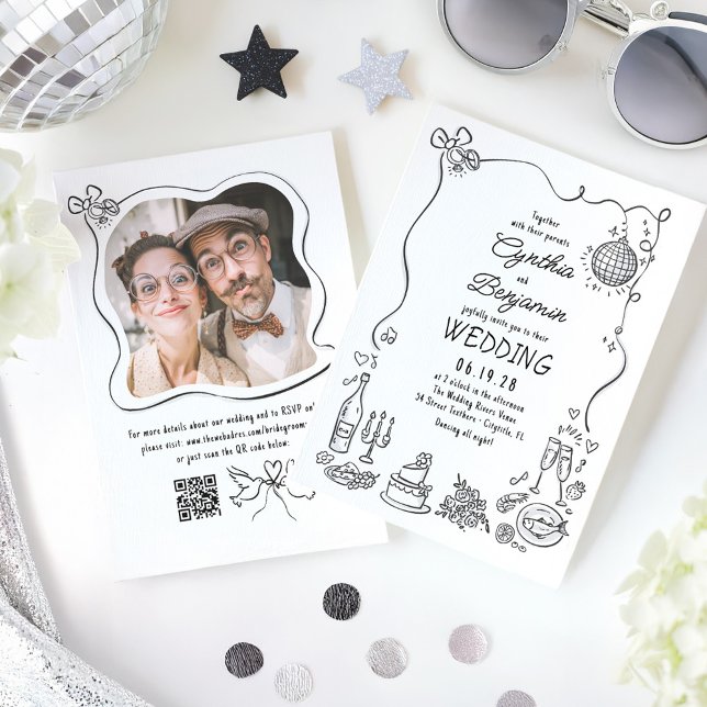 Hand Drawn Doodles Whimsical Retro Wedding Photo Invitation (Hand Drawn Whimsical Wedding Photo Invitation)