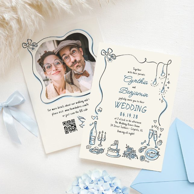 Hand Drawn Doodles Whimsical Wedding Photo Invitation (Hand-drawn whimsical wedding photo invitation)