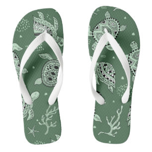 Hand drawn doodling sea turtle ethnic pattern flip flops