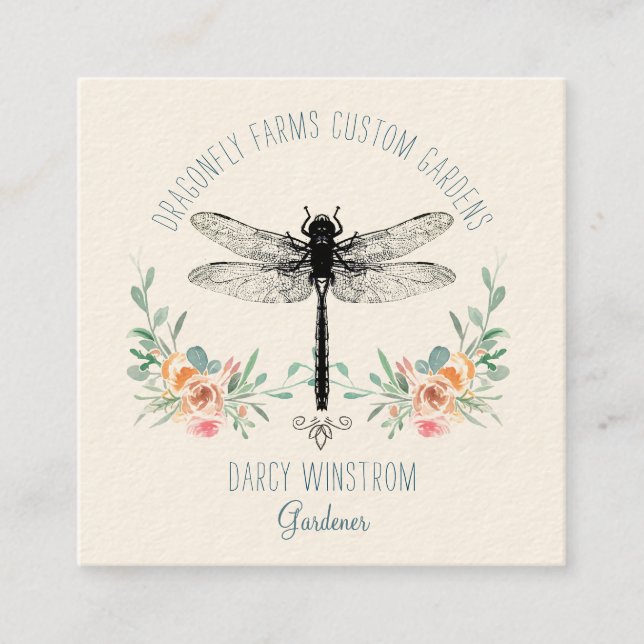 Hand Drawn Dragonfly Floral Gardener Square Business Card (Front)