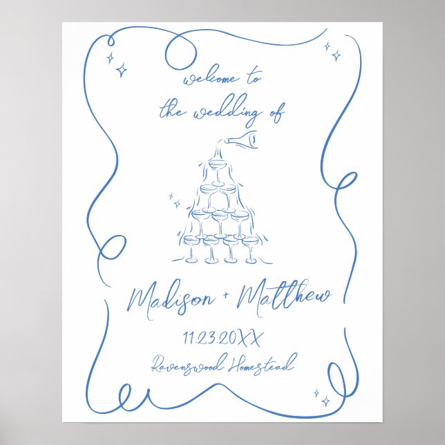 Hand Drawn Drawings Champagne Pour Wedding Welcome Poster (Front)