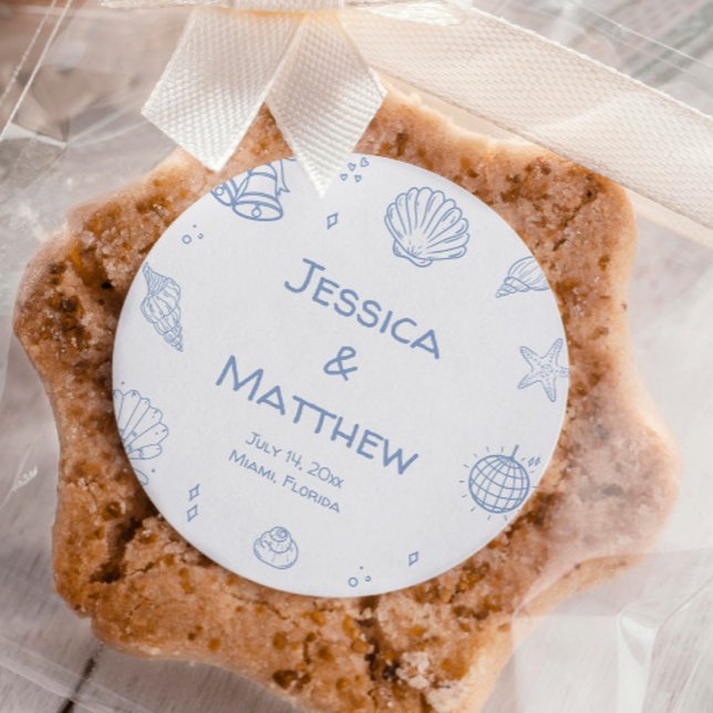 Hand Drawn Dusty Blue Coastal Wedding  Classic Round Sticker (Creator Uploaded)