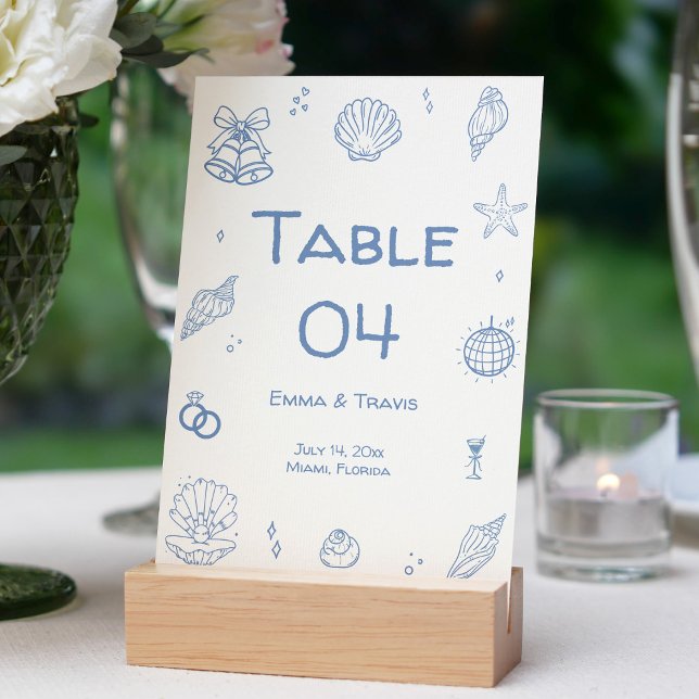 Hand Drawn Dusty Blue Coastal Wedding Table Number (Creator Uploaded)