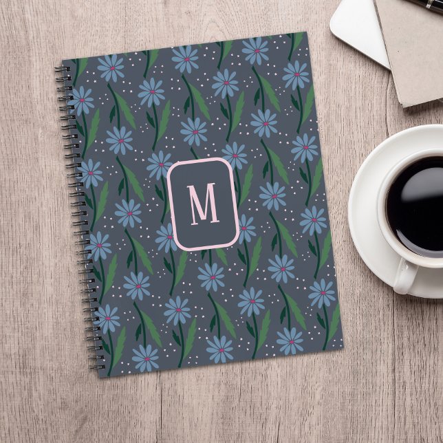 Hand-Drawn Dusty Blue Retro Daisy Monogram Notebook (Blue daisy notebook, with dark gray background and a pink monogram square on the front.)