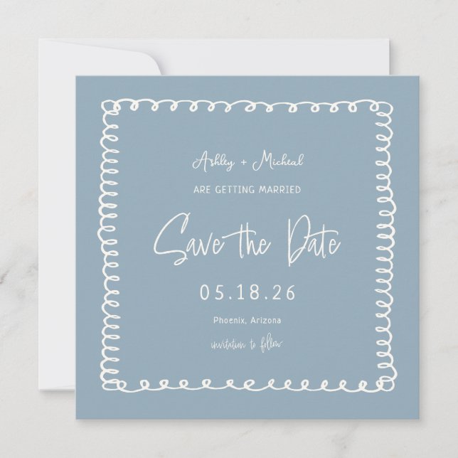 Hand Drawn Dusty Blue Unique Square Wedding Save The Date (Front)