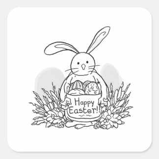 Hand Drawn Easter Bunny Colouring Style Spring Square Sticker