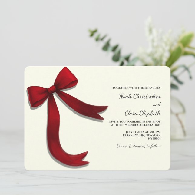 Hand drawn Elegant Red Bow - Modern Minimalist Invitation (Standing Front)