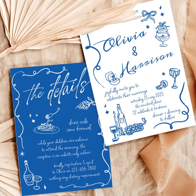 Hand Drawn Elegant Retro Blue Wedding Invitation (Creator Uploaded)