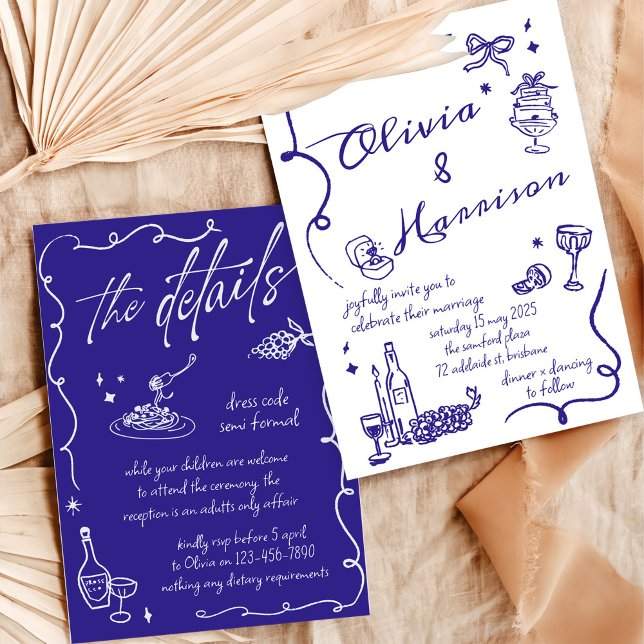 Hand Drawn Elegant Retro Blue Wedding Invitation (Creator Uploaded)