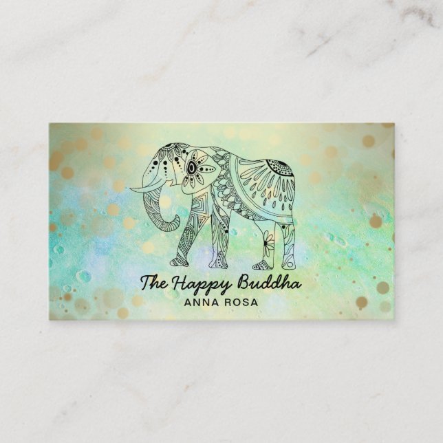 *~* Hand Drawn Elephant Gold Pattern Buddha Business Card (Front)