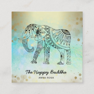 ** Hand Drawn Elephant Pattern Buddha Gold Square Business Card