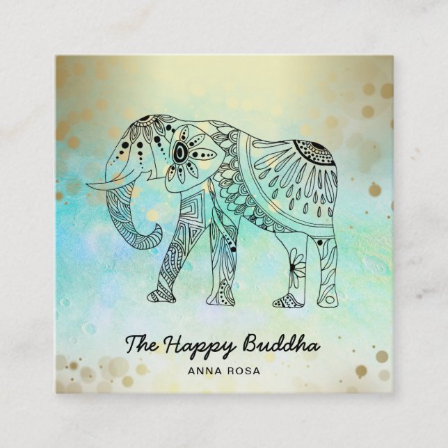 *~* Hand Drawn Elephant Pattern Buddha Gold Square Business Card (Front)