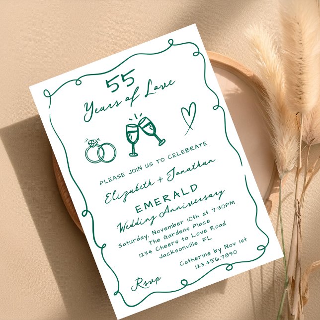 Hand Drawn Emerald 55th Wedding Anniversary Party Invitation (Creator Uploaded)
