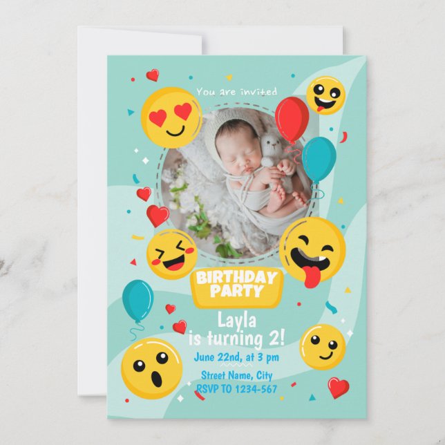 Hand-drawn Emoji With Photo Birthday Party Invitation (Front)