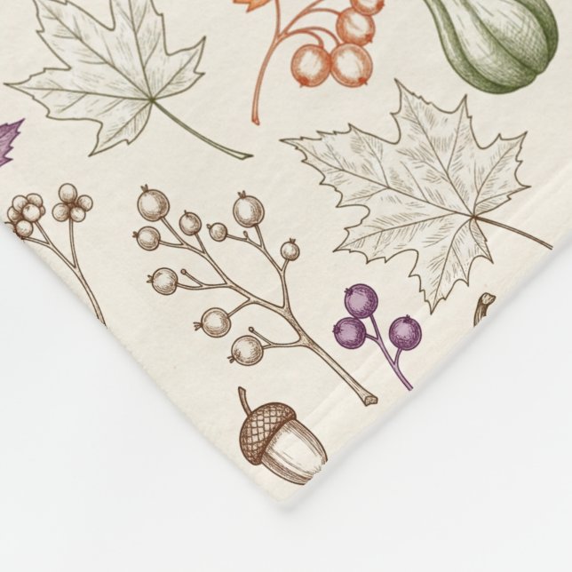 Hand-Drawn Engraving Style Fall Vegetable Fleece Blanket (Corner)