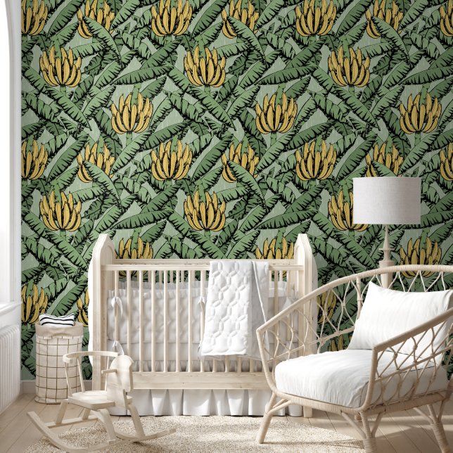 Hand Drawn Exotic Yellow Banana Bunches and Leaves Wallpaper (Kids)