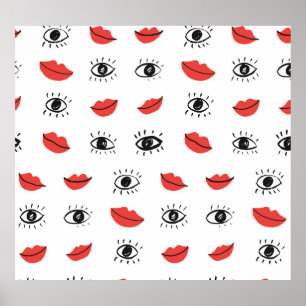 Hand drawn eyes, lips, trendy pattern. poster