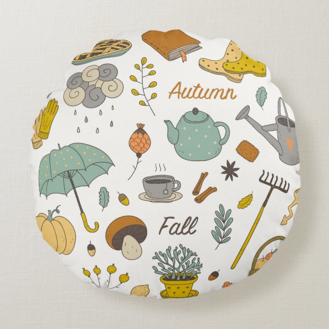 Hand Drawn Fall: Colourful Vintage Set Round Cushion (Front)